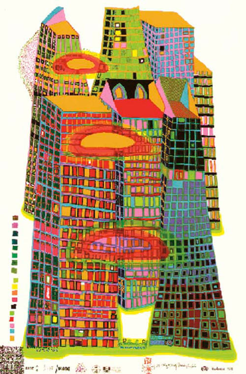 Hundertwasser - Good Morning City - Bleeding Town - series QQ - 1969 color screenprint